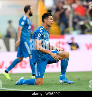 Parma, Italien. 24 Aug, 2019. Juventus' Cristiano Ronaldo reagiert während der Serie ein Fußballspiel zwischen Parma und FC Juventus in Parma, Italien, 24.August 2019. Credit: Alberto Lingria/Xinhua Quelle: Xinhua/Alamy leben Nachrichten Stockfoto