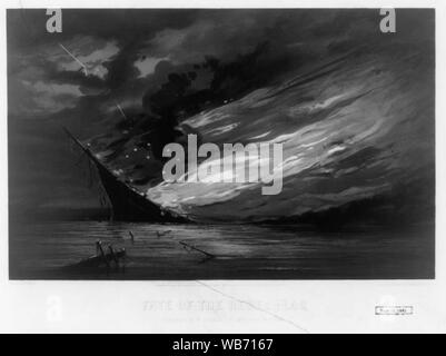 Schicksal der Rebel Flag Abstract: Die zweite von ein paar patriotische Druckt nach Gemälde von William Bauly, durch New York kunst Herausgeber William Schaus im September 1861 herausgegeben (beide waren für das Urheberrecht am 6. dieses Monats hinterlegt). Schicksal der Rebel Flag die begleitende Arbeit ähnelt, unser Himmel geboren Banner (Nr. 1861-20), im Format, Farbgebung, und seine militant unionistischen Thema. In einer spektakulären nächtlichen Szene, ein großes Kriegsschiff sinkt und brennt auf eine ruhige See mit Ablagerungen verunreinigt. Die Flammen auf der Konfiguration der roten, weißen und blauen Flagge der Konföderierten, die blaue Feld mit se Stockfoto