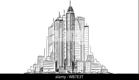 Vektor künstlerische skizzenhafte Feder und Tinte Zeichnung Abbildung: generic city Hochhaus Stadtbild mit hohen Wolkenkratzer Gebäude im Zentrum. Stock Vektor