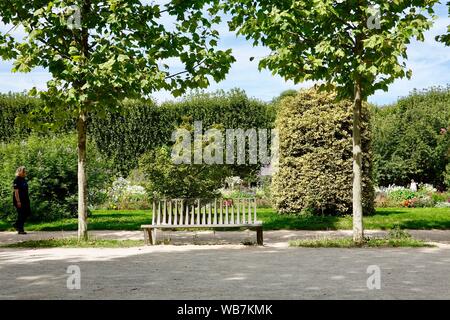 Leeren Parkbank, Jardin des Plantes, Paris, Frankreich Stockfoto
