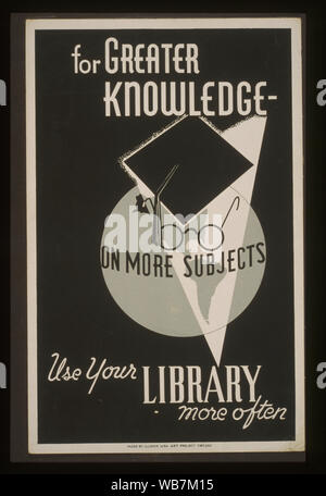 Für mehr Wissen über mehr Themen ihrer Bibliothek häufiger nutzen. Abstract: Poster mit einem mortarboard und ein paar Gläser über einen Globus überlagert, die Förderung der Nutzung von Bibliotheken. Stockfoto