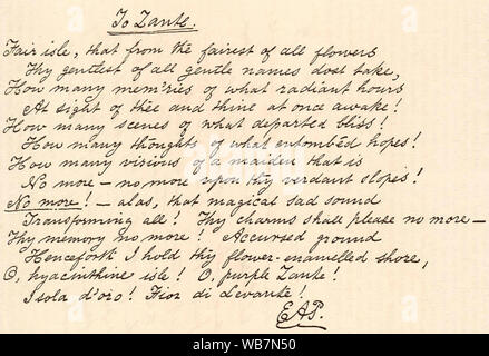 EDGAR ALLAN POE (1809-1849) amerikanischer Dichter. Manuskript von seinem Gedicht nach Zante erste in der Januar 1837 Ausgabe des Southern Literary Messenger veröffentlicht. Stockfoto
