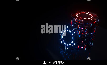 Modernes Casino Chips mit futuristischen blauen und roten Neonlichtern isoliert auf dem schwarzen Hintergrund - 3D-Darstellung Stockfoto