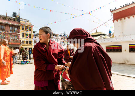 Junge Tibetische buddhistische Mönche in Boudhanath, Kathmandu, Nepal Stockfoto