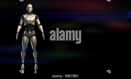 Futuristischer Roboter, männliche Cyborg auf schwarze Bühne (3D-Hintergrund) Stockfoto
