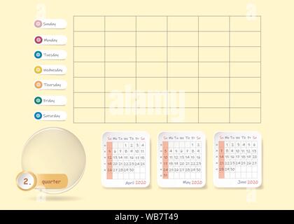 Kalender für das zweite Quartal 2020 Jahr mit wöchentlicher Planer chart und leeres Etikett für Notizen und Aufgaben. Woche Sonntag. Stock Vektor
