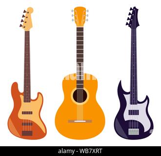 Gitarre eingestellt. Akustische und elektrische Gitarren auf weißem Hintergrund. String Musikinstrumente. Cute Flat Style Vector Illustration Stock Vektor