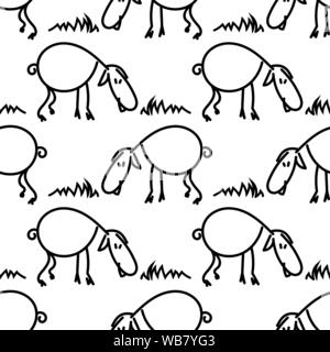 Nahtlose Muster mit Schafe auf der Wiese. Lustige Lamm. Vector EPS 10. Freistellungsmaske angewendet. Dieses Muster steht als Muster. Stock Vektor