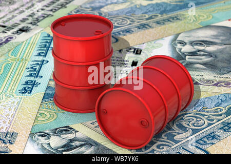 3D-Illustration: Rot Barrel Öl liegen auf dem Hintergrund der Indischen Rupien Banknoten, Indien. Erdöl, schwarzes Gold, Benzin Produktion. Kauf Stockfoto