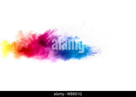Abstrakte Farbe Pulver Explosion auf weißem Hintergrund. Freeze Motion von Staub Splash. Malte Holi im Festival. Stockfoto