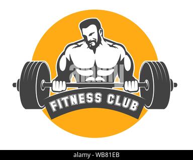 Fitness Club oder Fitnessraum Emblem. Sportliche Mann hält Barbell. Power Lifting übungen Konzept. Vector Illustration. Stock Vektor