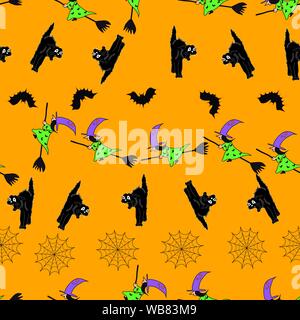 Spaß Halloween nahtlose Muster Hintergrund mit Hexen auf Besen, fliegende Fledermäuse, und Spinnenweben. Stock Vektor