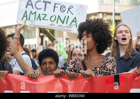 London, England, Großbritannien, 23. August 2019. Umweltaktivisten sammeln an der Brasilianischen Botschaft an die brennende Regenwälder zu protestieren Stockfoto