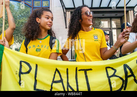 London, England, Großbritannien, 23. August 2019. Brasilianische Mädchen an der Brasilianischen Botschaft an die brennende Regenwälder zu protestieren Stockfoto