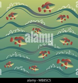 Bunte Fische schwimmen im Meer Wellen. Meer Hintergrund. Vector EPS 10. Stock Vektor
