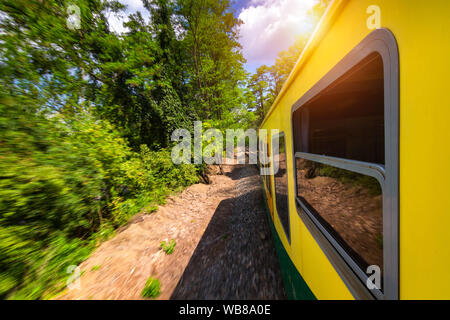 Zugfahrt, Blick aus dem Fenster. Alte Zug passiert grüne Vegetation. Blick aus dem Fenster. Anreise mit der Bahn bis Sonnenuntergang. Sunset Landschaft und ein Zug gil Stockfoto