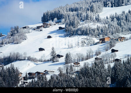 Landschaft und verschneite Winterlandschaft von Apls in Mayrhofen im Zillertal, in der Nähe von Innsbruck in Österreich. Ferienhaus Häuser und Wald mit Schnee auf der Alp Stockfoto