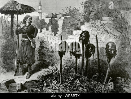 Der orientalischen Frage. April Aufstand von 1876. Aufstand der Bulgaren im Osmanischen Reich von April bis Mai 1876 organisiert. 100 Bulgaren und Serben, landete in der Nähe von Widdin, in der zweiten Hälfte des Mai 1876, wurden von den Tscherkessen Korps überrascht. Sie schlug sie mit der Schärfe des Schwertes und verstümmelt. Diese Männer waren Bauern, die eine Band von Aufständischen gebildet, unter dem Kommando von Chief Botioff, die in der Nähe von Costodi landete, fliegen die Bulgarische Grüne Flagge. Ihre Köpfe waren in der ersten Einheit der türkischen Festung von Widdin ausgesetzt. Gravur. La Ilustracion Española y American Stockfoto