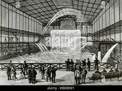 Unided States. Weltausstellung in Philadelphia, 1876. Offiziell die Internationale Ausstellung von Kunst, produziert und die Produkte des Bodens und Grube benannt. Die Centennial International Exhibition von 1876 wurde in Philadelphia, Pennsylvania, ab Mai 10. bis 10. November 1876 stattfand, das 100-jährige Jubiläum der Unterzeichnung der Unabhängigkeitserklärung in Philadelphia zu feiern. Es wurde im Fairmount Park entlang der Schuykill River am Messegelände von Herman J. Schwarzmann. Die große Katarakt in der Maschinenhalle. Gravur. La Ilustracion Española y Americana, 30. Juli 1876. Stockfoto