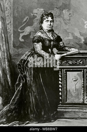 Isabella II (1830-1904). Königin von Spanien (1833-1868). Sie war die älteste Tochter von Ferdinand VII. von seiner vierten Frau, Maria Cristina. Verkündete Königin auf den Tod des Vaters im Jahre 1833. Während ihrer Minderheit (1833-1843), ihre Mutter und general Espartero fungierte als Regenten. Isabella ließ sich in Paris, wo sie 1870 zugunsten Ihrer ältester überlebender Sohn abgetreten, der zukünftige König Alfonso XII (1874-1885), nach der Revolution von 1868. Portrait der Königin Mutter während der Herrschaft von Alfons XII. Gravur. La Ilustracion Española y Americana, 30. Juli 1876. Stockfoto