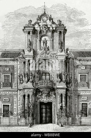 Spanien, Andalusien, Sevilla. Der Palast von San Telmo. Es wurde 1682 im barocken Stil gebaut. Churrigueresque Portal auf der Hauptfassade. Gravur. La Ilustracion Española y Americana, 30. Juli 1876. Stockfoto