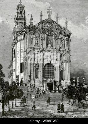 Portugal, Porto. Clerigos Kirche. Sein Bau begann im Jahre 1732 und wurde 1750 abgeschlossen. Es war für die Bruderschaft der Clerigos (Klerus) im barocken Stil erbaut vom italienischen Architekten Nicolau Nasoni (1691-1773). Der Glockenturm, die sogenannten Torre dos Clerigos, war das höchste Gebäude in Portugal, als es im Jahre 1763 vom selben Architekten abgeschlossen wurde, Nicolau Nasoni. Zeichnung von J. Bastinos. Kupferstich von Marcelo Paris. La Ilustracion Española y Americana, 30. Juli 1876. Stockfoto