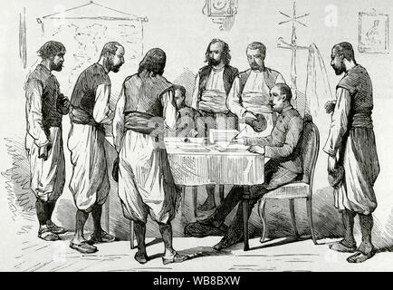 Der orientalischen Frage. Serbian-Turkish Kriege (1876-1878). Serbien erklärt dem osmanischen Reich den Krieg am 30. Juni 1876. Belgrado. Einstellung der serbischen Freiwilligen. Gravur. La Ilustracion Española y Americana, 15. August 1876. Stockfoto