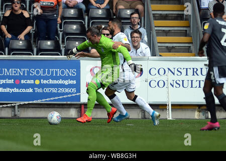Swansea, Großbritannien. 25 Aug, 2019. Borja Baston von Swansea City herausfordernde Torwart Lee Camp von Birmingham City in der Nähe der Ecke während der Sky Bet Championship Match zwischen Swansea City und Birmingham City an der Liberty Stadium, Swansea am Sonntag, den 25. August 2019. (Credit: Jeff Thomas | MI Nachrichten) nur die redaktionelle Nutzung, eine Lizenz für die gewerbliche Nutzung erforderlich. Keine Verwendung in Wetten, Spiele oder einer einzelnen Verein/Liga/player Publikationen. Foto darf nur für Zeitung und/oder Zeitschrift redaktionelle Zwecke Credit: MI Nachrichten & Sport/Alamy Live-Nachrichten verwendet werden. Stockfoto