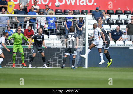 Wansea, UK. 25 Aug, 2019. Andre Ayew von Swansea City Köpfe für Ziel sondern geht hoch in den Himmel Wette Championship Match zwischen Swansea City und Birmingham City an der Liberty Stadium, Swansea am Sonntag, den 25. August 2019. (Credit: Jeff Thomas | MI Nachrichten) nur die redaktionelle Nutzung, eine Lizenz für die gewerbliche Nutzung erforderlich. Keine Verwendung in Wetten, Spiele oder einer einzelnen Verein/Liga/player Publikationen. Foto darf nur für Zeitung und/oder Zeitschrift redaktionelle Zwecke Credit: MI Nachrichten & Sport/Alamy Live-Nachrichten verwendet werden. Stockfoto