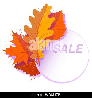 Verkauf Kreis Banner mit hellen Blätter im Herbst. Vektor rabatt Angebot mit falled roter Ahorn, Eiche, orange gelb Rowan Laub auf weißem Hintergrund. Poster, Karten, Aufkleber, Web Banner. Isolierte Konzept. Stock Vektor