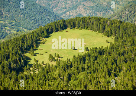 Fernsicht auf Prat de Cadí Almen aus Sierra del Cadi Bergkette Base (Alt Urgell, Lleida, Pre-Pyrenees, Katalonien, Spanien) Stockfoto