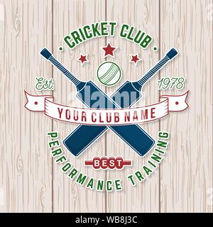 Cricket Club Abzeichen. Vector Illustration. Konzept für T-Shirt, Druck, Stempel oder T-Stück. Vintage Typografie Design mit Cricket Schläger und Ball Silhouette. Vorlagen für Sports Club. Stock Vektor