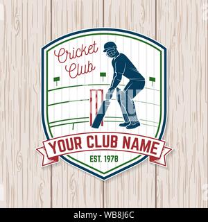 Cricket Club Patch oder Aufkleber. Vector Illustration. Konzept für T-Shirt, Druck, Stempel oder T-Stück. Vintage Typografie Design mit Cricket batsman Silhouette. Vorlagen für Sports Club. Stock Vektor