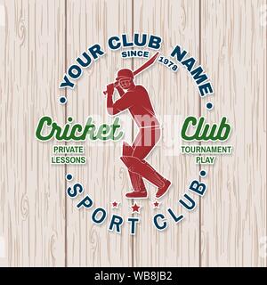 Cricket Club Patch oder Aufkleber. Vector Illustration. Konzept für T-Shirt, Druck, Stempel oder T-Stück. Vintage Typografie Design mit Cricket batsman Silhouette. Vorlagen für Sports Club. Stock Vektor