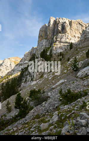 Blick auf die Gracht de Cristall Schlucht in der Sierra del Cadi Bergkette aus seinem Sockel (Alt Urgell, Lleida, Pre-Pyrenees, Katalonien, Spanien) Stockfoto