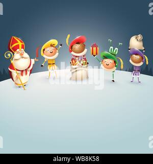 Sankt Nikolaus und Zwarte Piets feiern Niederländische Urlaub im winter nacht-Vector Illustration Stock Vektor