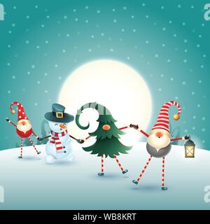 Weihnachten scandinavian Gnomen und Schneemann auf Moonlight winter Szene Stock Vektor