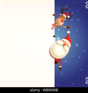 Weihnachtskarte mit Weihnachtsmann und Rentier spähen hinter Bord auf Blau snowy Hintergrund Stock Vektor