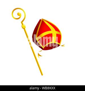 Sankt Nikolaus oder Sinterklaas attribute Mitre und goldenen Bischofsstab Stick - auf weißem Hintergrund Stock Vektor