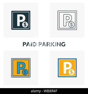 Gebührenpflichtige Parkplätze Icon Set. Vier Elemente in verschiedenen Stilen vom Flughafen icons Collection. Kreative gebührenpflichtiger Parkplatz Icons, Outline, farbige und flach Stock Vektor