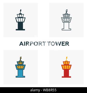 Airport Tower Icon Set. Vier Elemente in verschiedenen Stilen vom Flughafen icons Collection. Kreative Airport Tower Icons, Outline, farbige und flach Stock Vektor