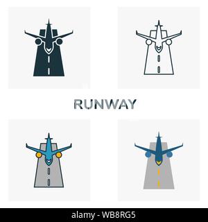 Start- und Landebahn Icon Set. Vier Elemente in verschiedenen Stilen vom Flughafen icons Collection. Kreative Landebahn Icons, Outline, Farben und Symbole Stock Vektor