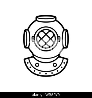 Vintage diver Helm schwarz-weiss Zeichnung. Retro Tiefseetauchen Symbol, isolierte Vector clip art Illustration. Stock Vektor