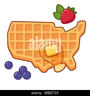 USA geformte Waffel mit Sirup, Butter und Beeren. Traditionelle amerikanische Frühstück essen Vector Illustration, Karikatur Zeichnung. Stock Vektor