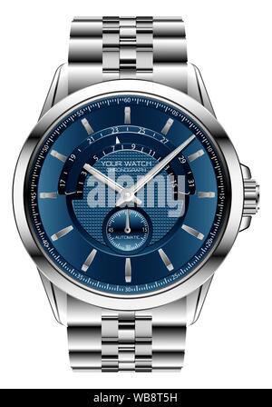 Realistische clock watch Chronograph blau silber Stahl Luxus für Männer auf weißem Hintergrund Vector Illustration. Stock Vektor