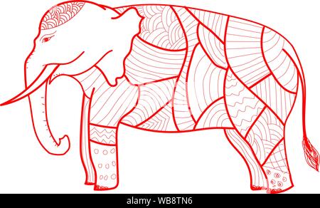 Vektor Skizze Asiatischen retro geschmückten Elefanten. Isolierte Abbildung auf einem weißen Hintergrund. Im thailändischen Stil Kunst festliche Tier Zeichnung Stock Vektor
