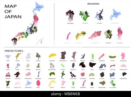 Japan Karte Grafik Vektor - getrennt isolierten Regionen und Provinzen für die Präfektur Design oder Grafik für Bildung und Geographie Stock Vektor