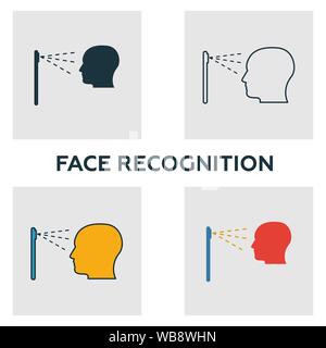 Gesichtserkennung Icon Set. Vier Elemente in verschiedenen Stilrichtungen von Visual device icons Collection. Kreative Gesichtserkennung Icons, Umriss Stock Vektor