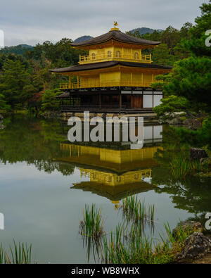 Berühmte und legendäre goldene Pavillion in Kyotos Kinkaku-ji Tempel erfasst alle Schönheit der leuchtende Holzkonstruktion mit Reflexionen im Wasser Stockfoto