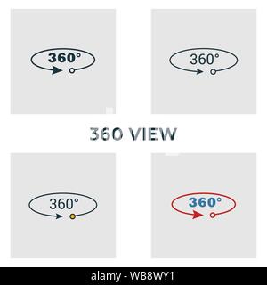 360 Symbol anzeigen. Vier Elemente in verschiedenen Stilrichtungen von Visual device icons Collection. Kreative 360 Ansicht Icons, Outline, farbige und flach Stock Vektor